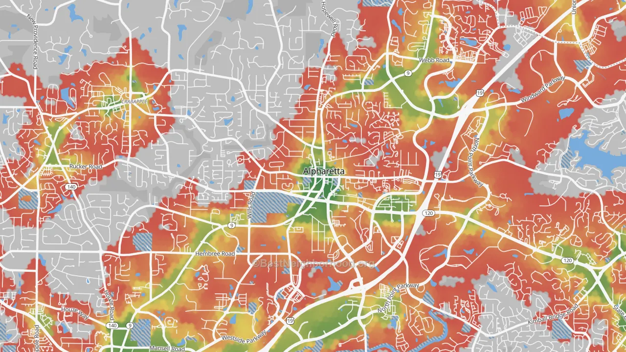 Walk Grade map of 30009, GA, walkable areas in green and car-dependent areas in red
