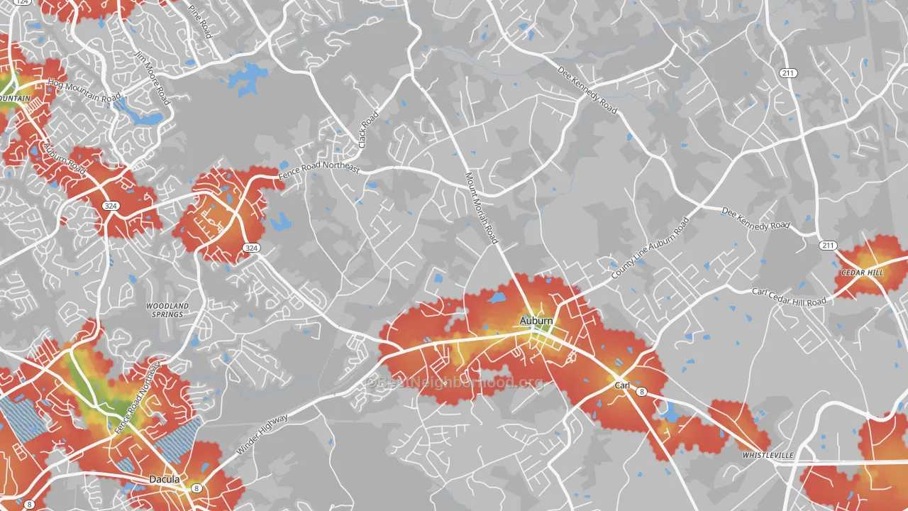 Walk Grade map of 30011, GA, walkable areas in green and car-dependent areas in red