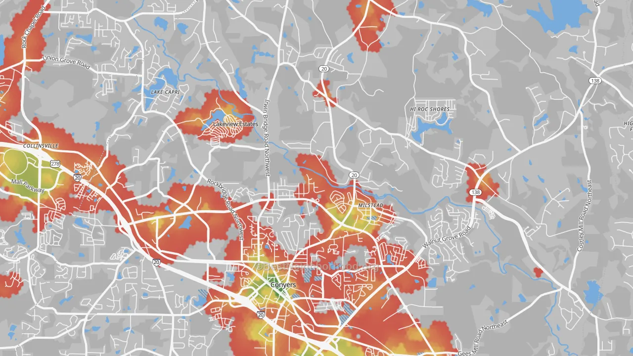 Walk Grade map of 30012, GA, walkable areas in green and car-dependent areas in red