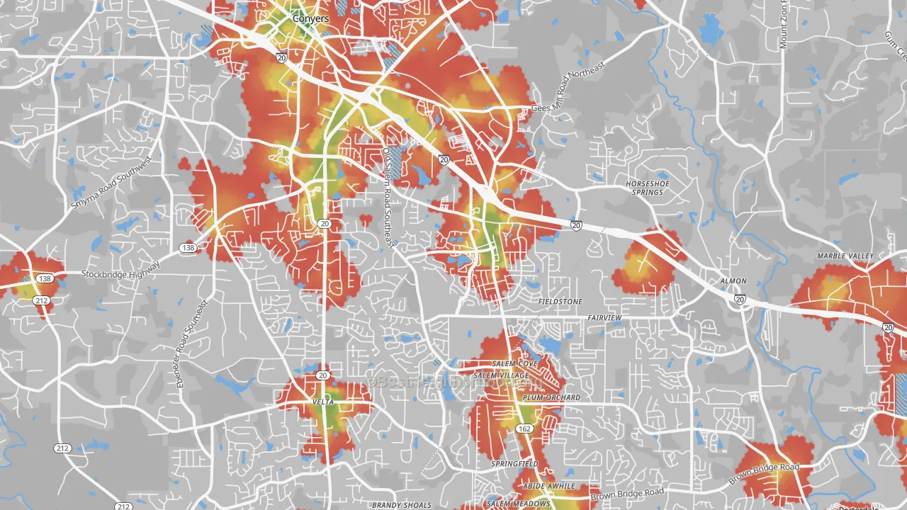 Walk Grade map of 30013, GA, walkable areas in green and car-dependent areas in red