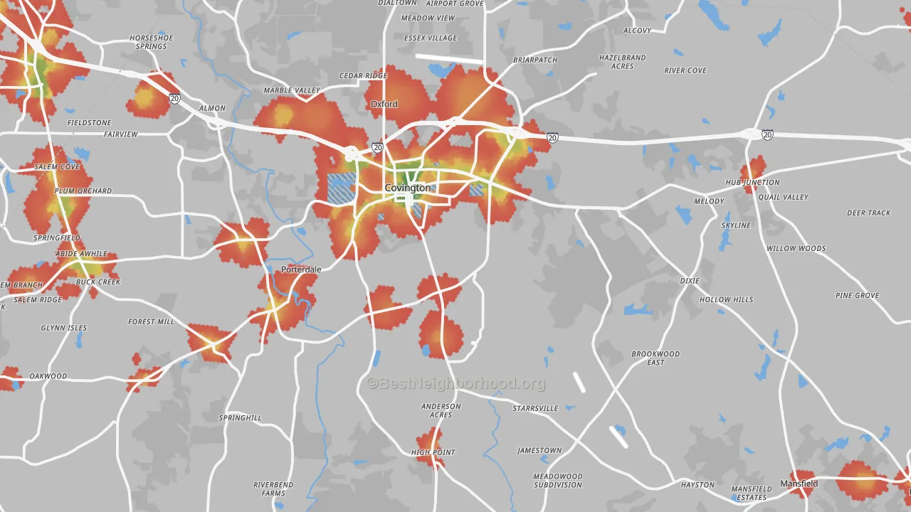 Walk Grade map of 30014, GA, walkable areas in green and car-dependent areas in red