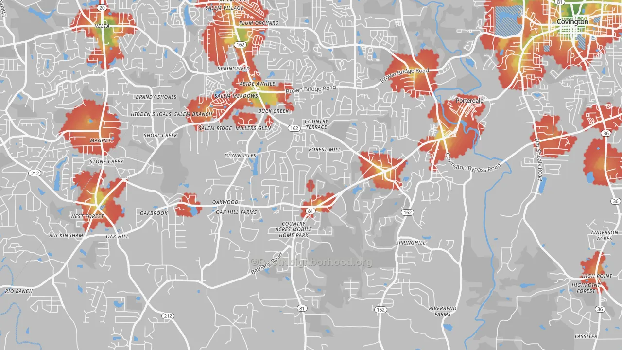 Walk Grade map of 30016, GA, walkable areas in green and car-dependent areas in red