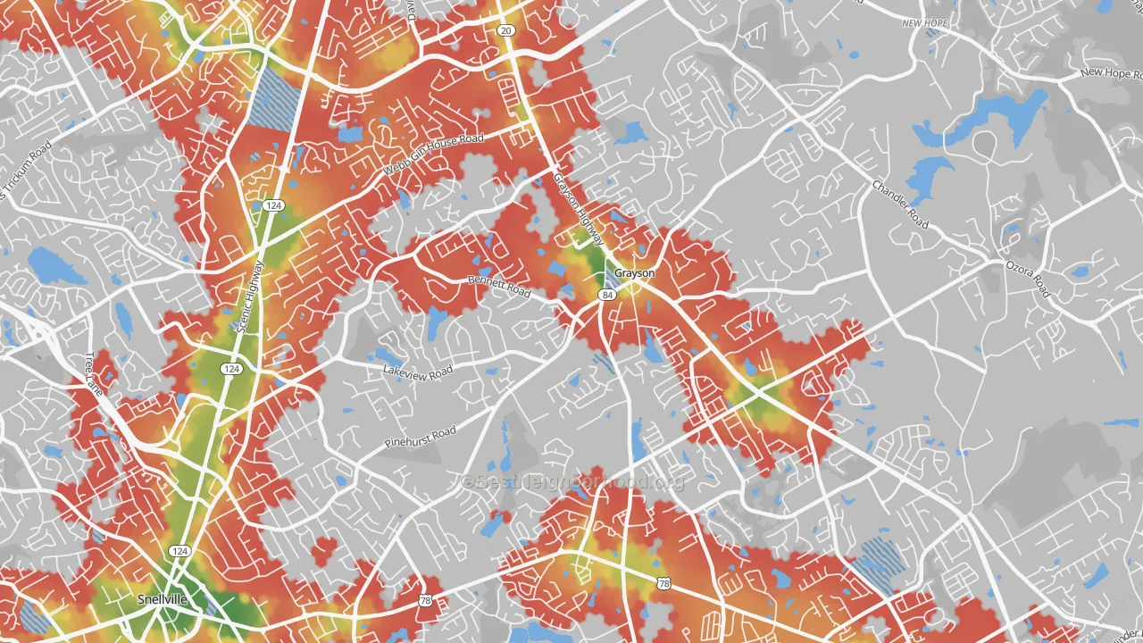 Walk Grade map of 30017, GA, walkable areas in green and car-dependent areas in red