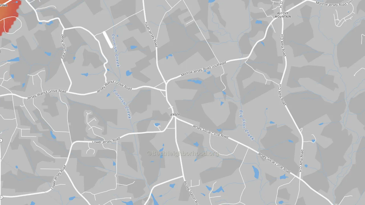 Walk Grade map of 30018, GA, walkable areas in green and car-dependent areas in red