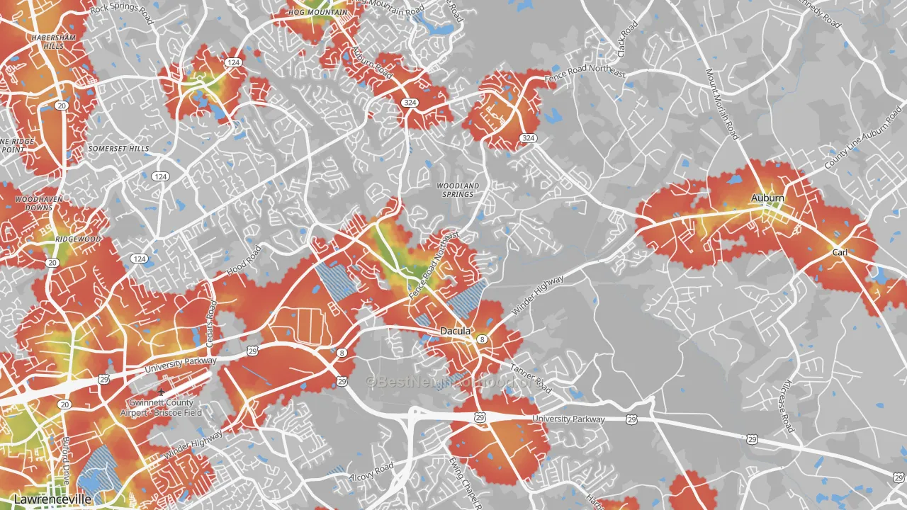 Walk Grade map of 30019, GA, walkable areas in green and car-dependent areas in red