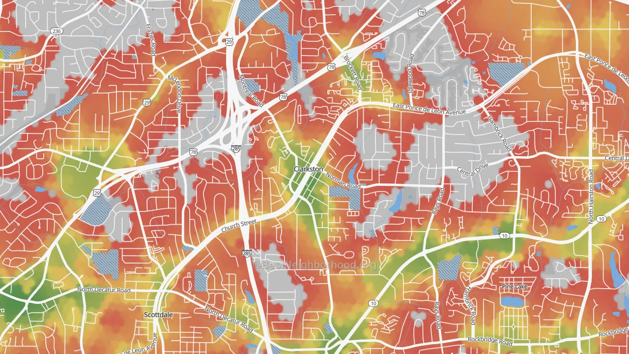 Walk Grade map of 30021, GA, walkable areas in green and car-dependent areas in red