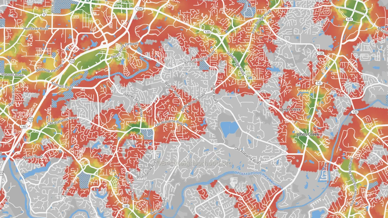 Walk Grade map of 30022, GA, walkable areas in green and car-dependent areas in red