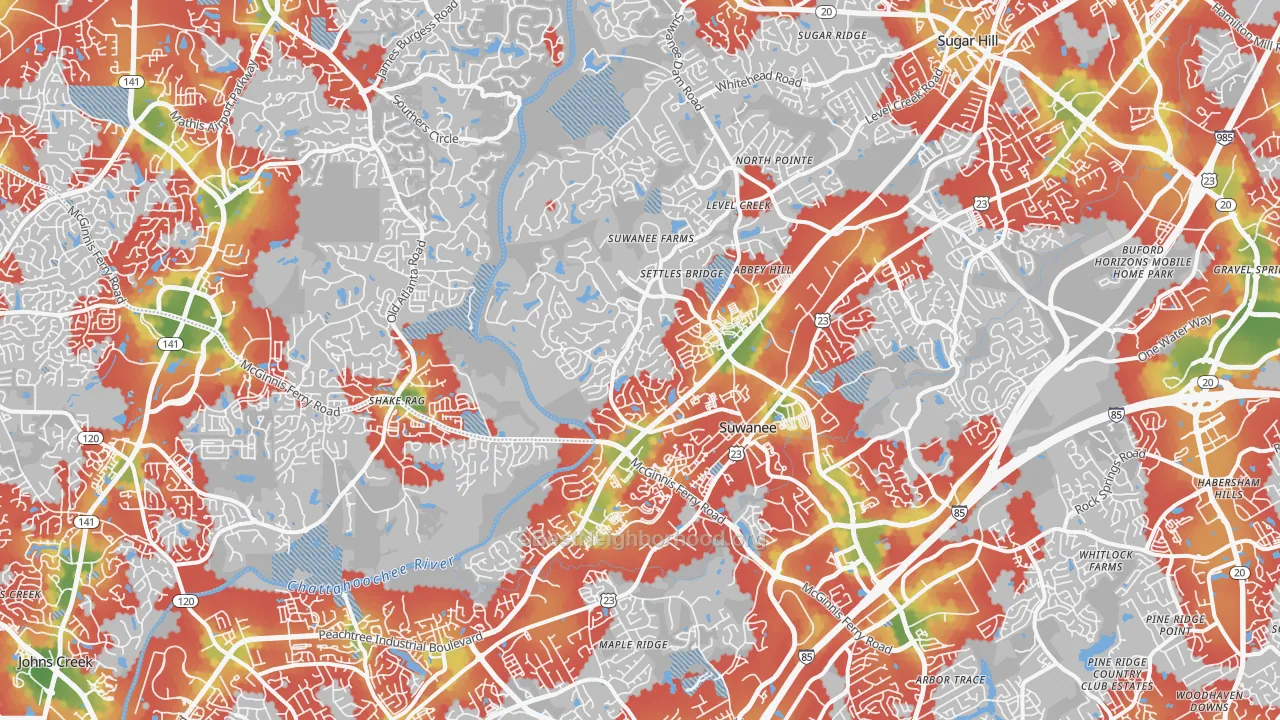 Walk Grade map of 30024, GA, walkable areas in green and car-dependent areas in red