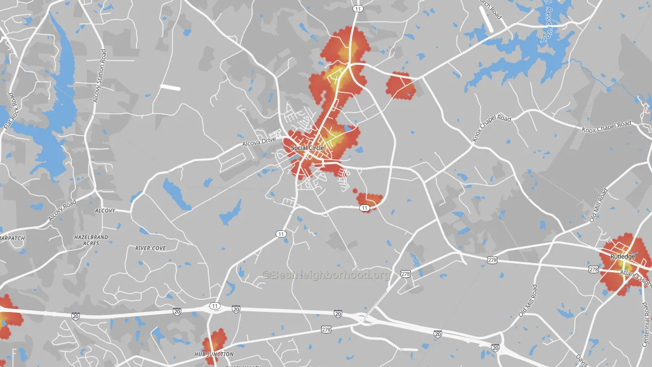 Walk Grade map of 30025, GA, walkable areas in green and car-dependent areas in red