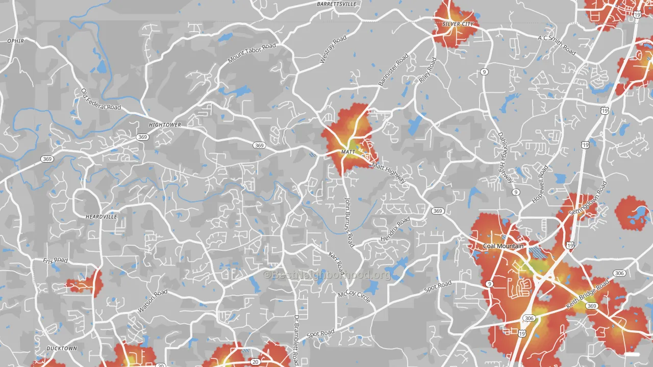 Walk Grade map of 30028, GA, walkable areas in green and car-dependent areas in red