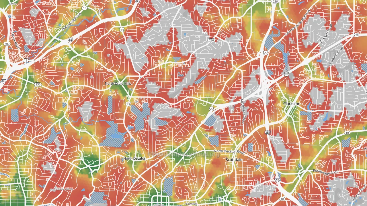 Walk Grade map of 30033, GA, walkable areas in green and car-dependent areas in red