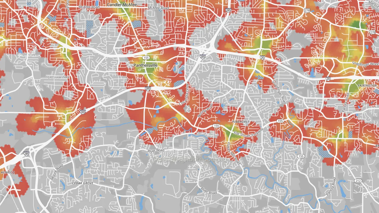 Walk Grade map of 30034, GA, walkable areas in green and car-dependent areas in red