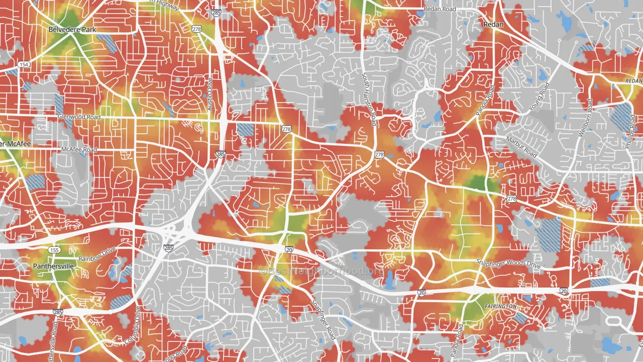 Walk Grade map of 30035, GA, walkable areas in green and car-dependent areas in red