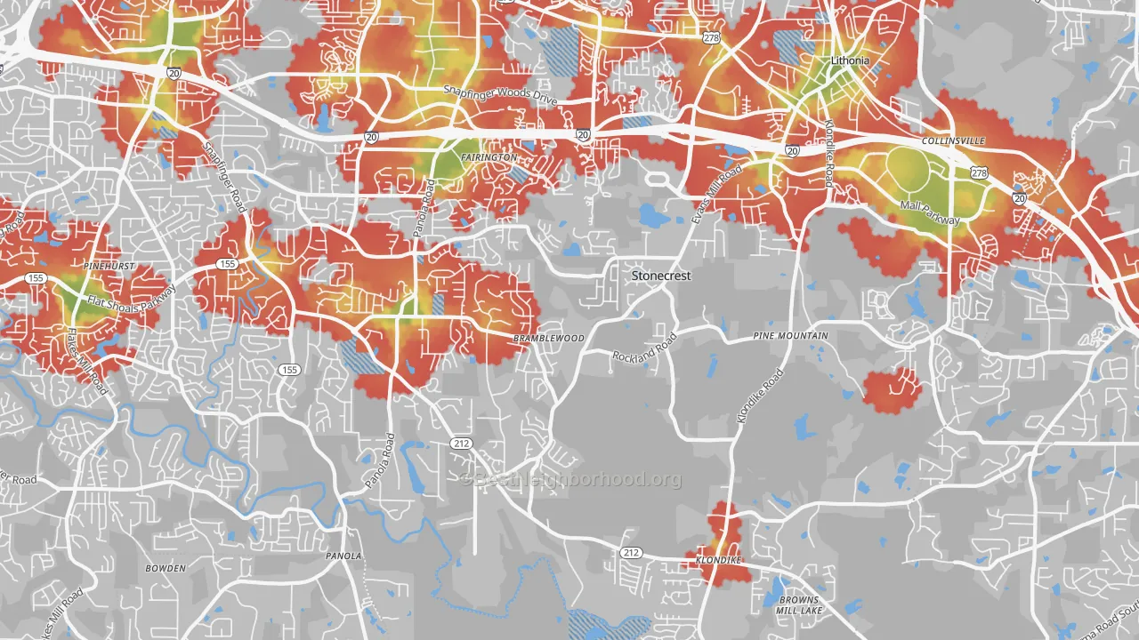 Walk Grade map of 30038, GA, walkable areas in green and car-dependent areas in red