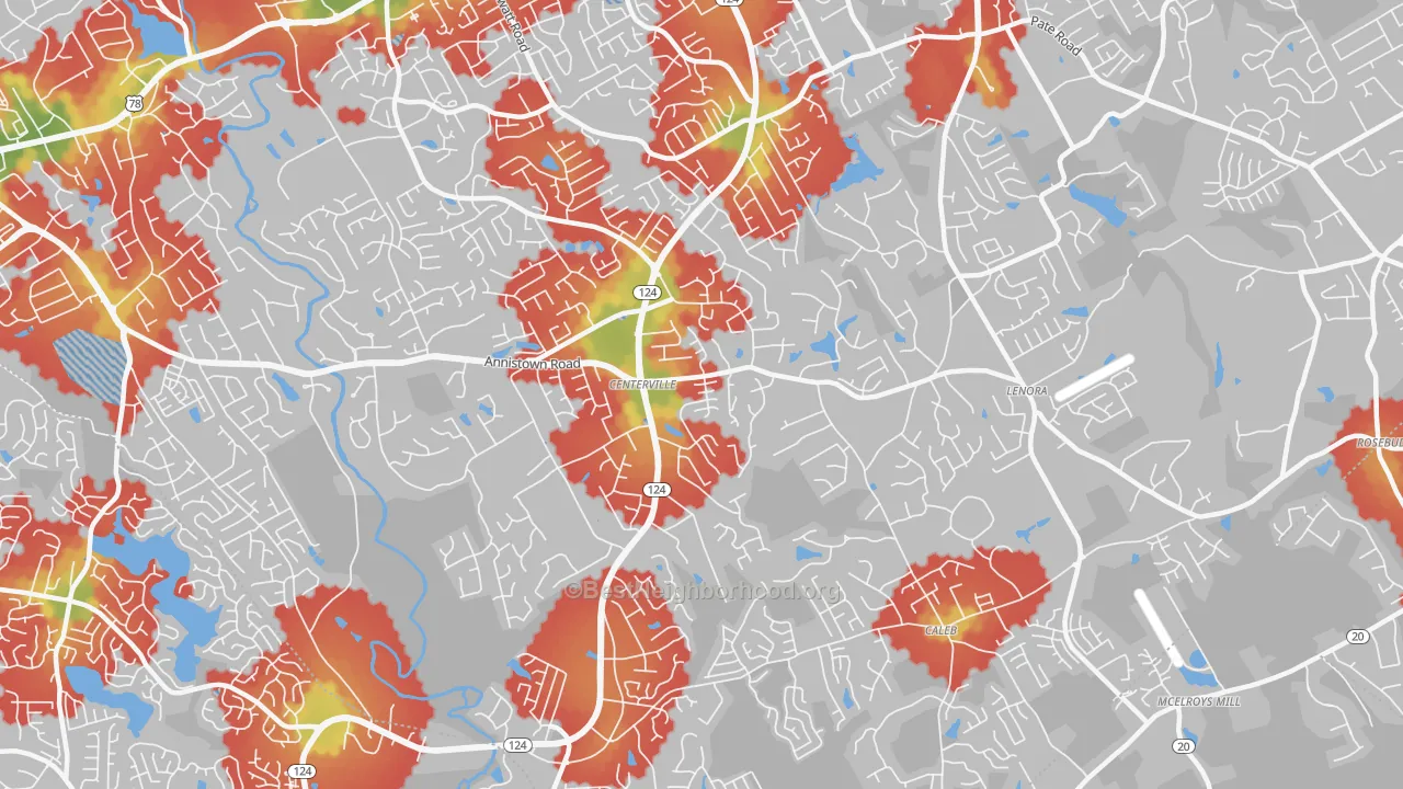 Walk Grade map of 30039, GA, walkable areas in green and car-dependent areas in red