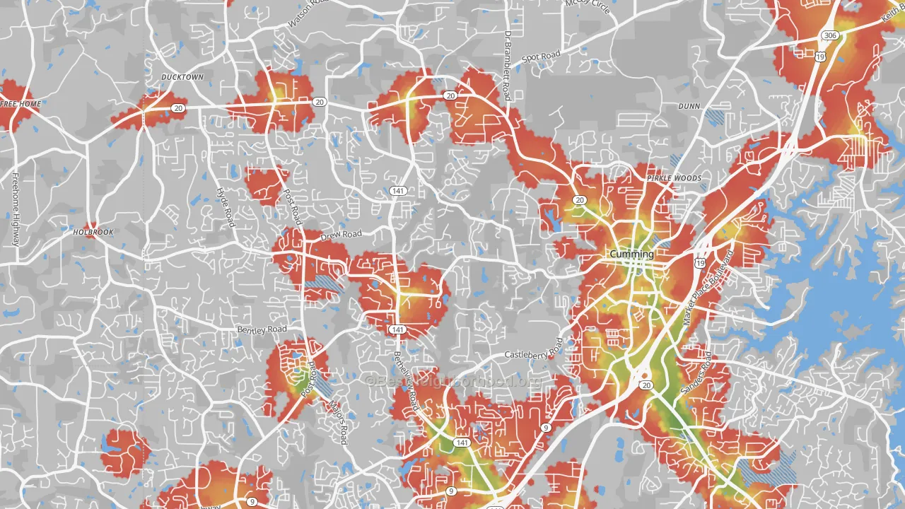 Walk Grade map of 30040, GA, walkable areas in green and car-dependent areas in red