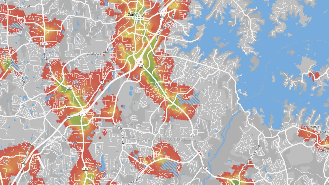 Walk Grade map of 30041, GA, walkable areas in green and car-dependent areas in red