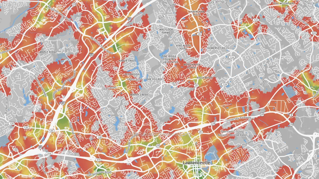 Walk Grade map of 30043, GA, walkable areas in green and car-dependent areas in red