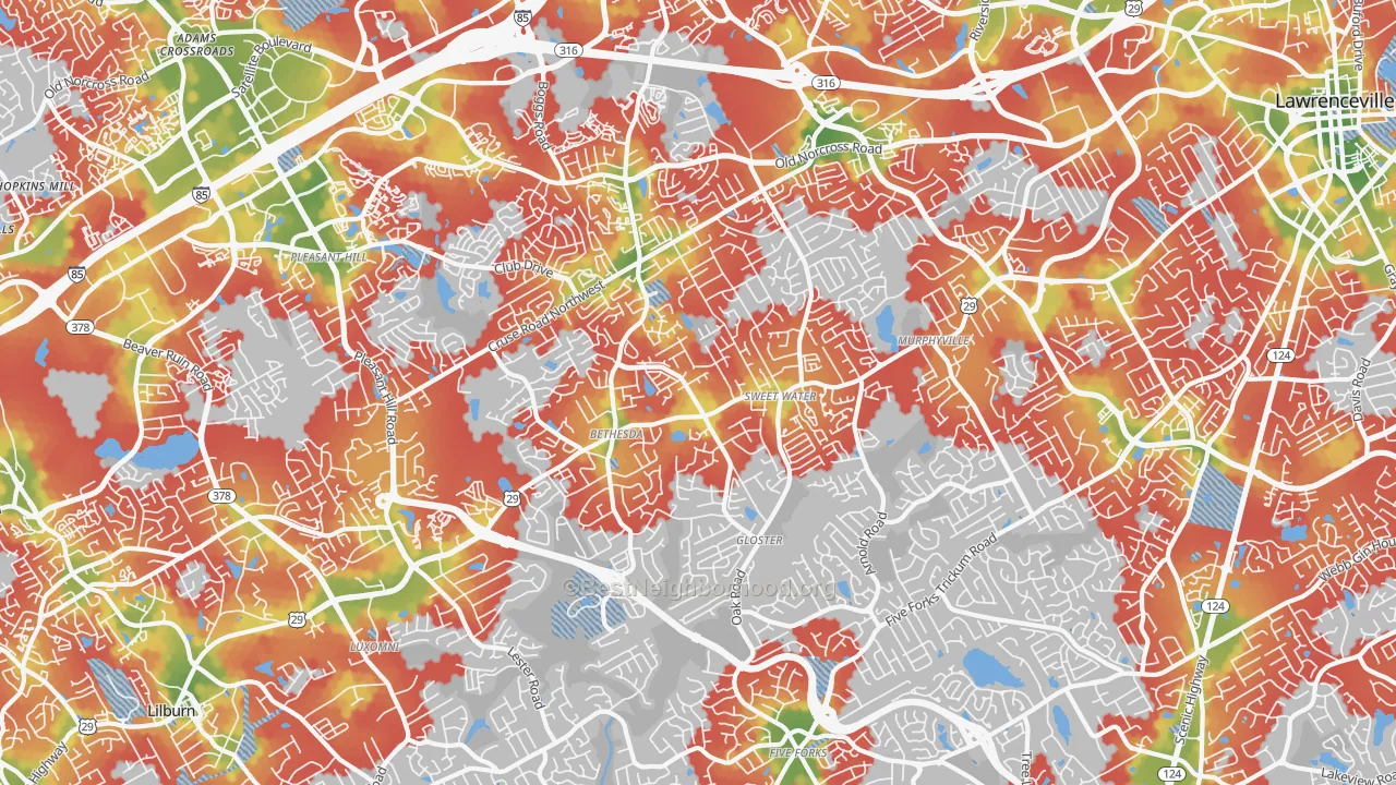 Walk Grade map of 30044, GA, walkable areas in green and car-dependent areas in red