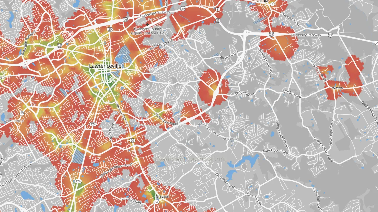 Walk Grade map of 30045, GA, walkable areas in green and car-dependent areas in red