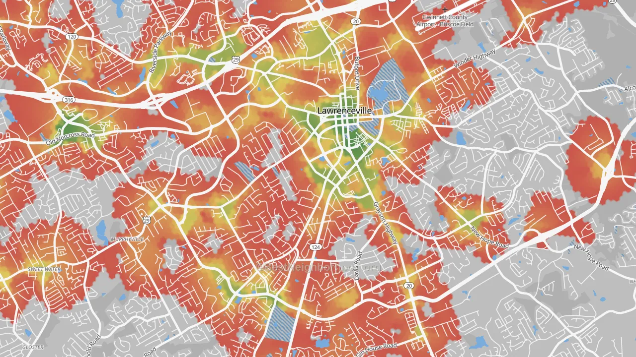 Walk Grade map of 30046, GA, walkable areas in green and car-dependent areas in red