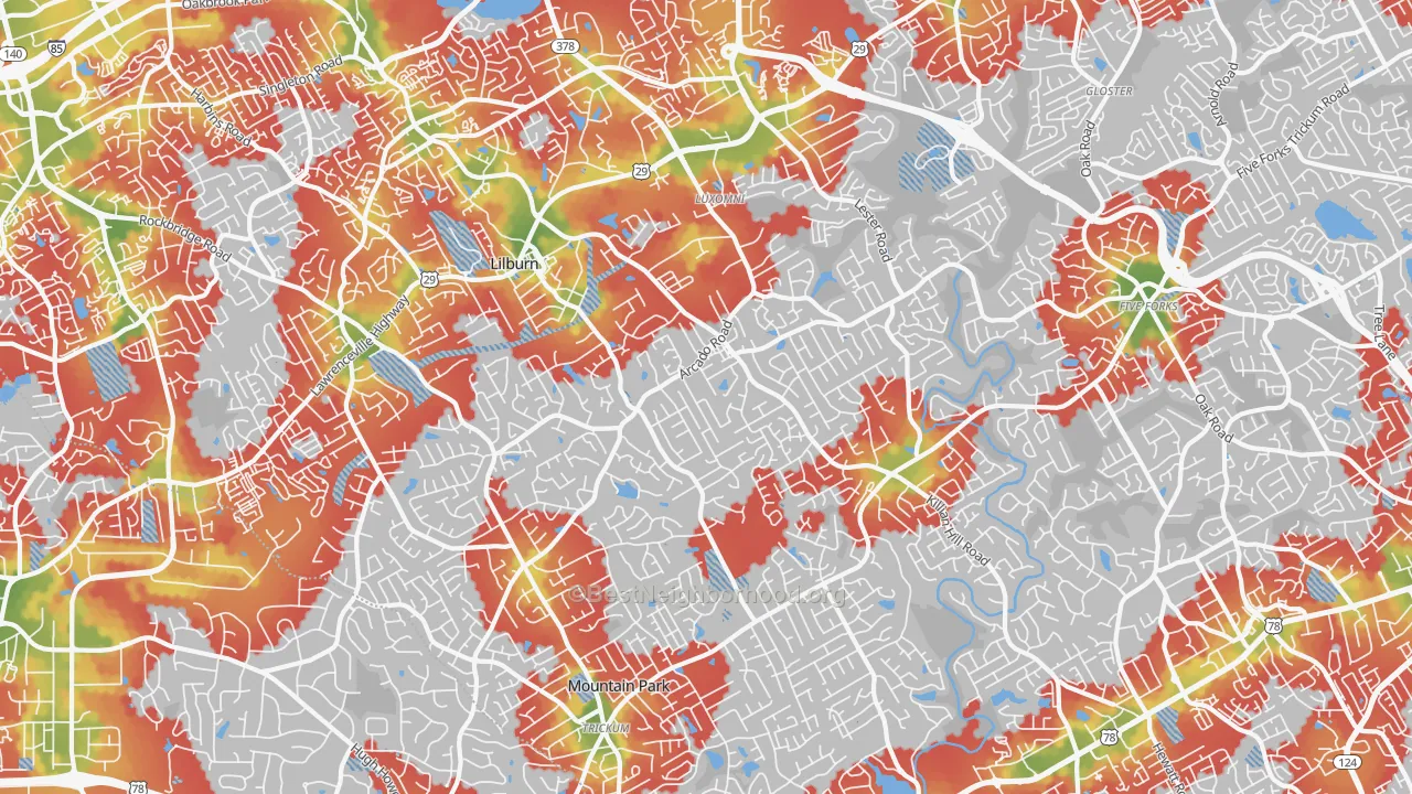 Walk Grade map of 30047, GA, walkable areas in green and car-dependent areas in red