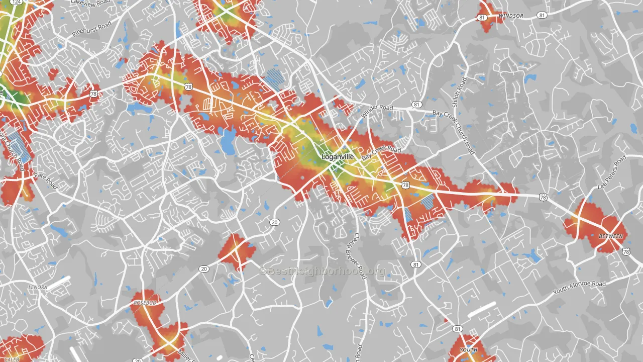 Walk Grade map of 30052, GA, walkable areas in green and car-dependent areas in red