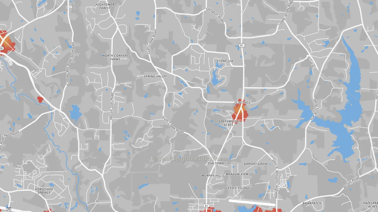 Walk Grade map of 30054, GA, walkable areas in green and car-dependent areas in red