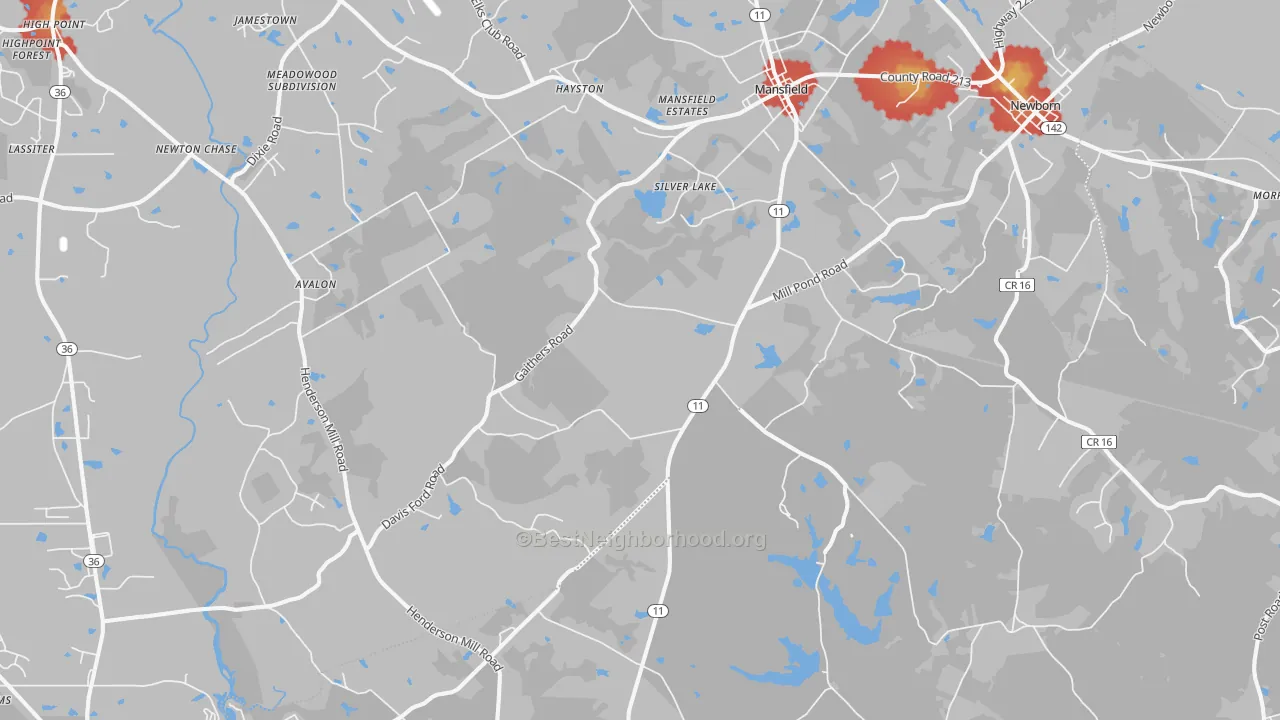 Walk Grade map of 30055, GA, walkable areas in green and car-dependent areas in red