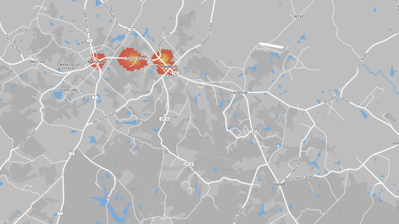 Walk Grade map of 30056, GA, walkable areas in green and car-dependent areas in red
