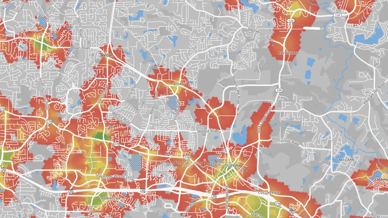 Walk Grade map of 30058, GA, walkable areas in green and car-dependent areas in red