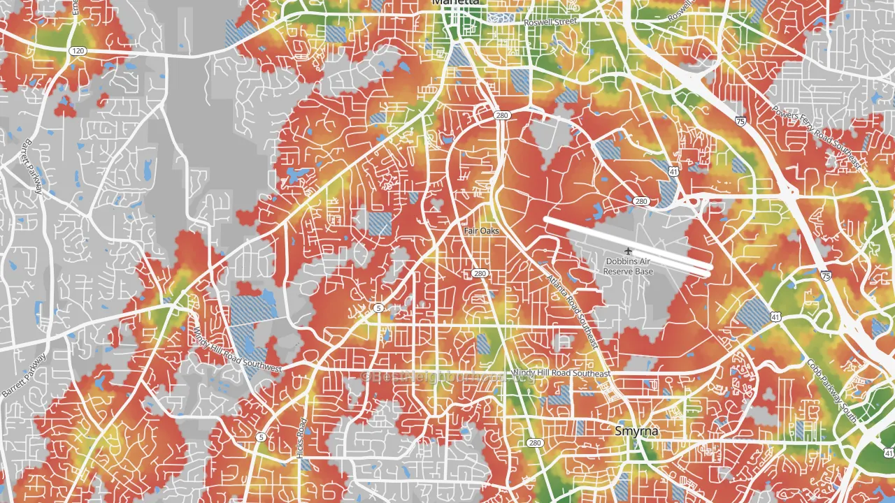 Walk Grade map of 30060, GA, walkable areas in green and car-dependent areas in red