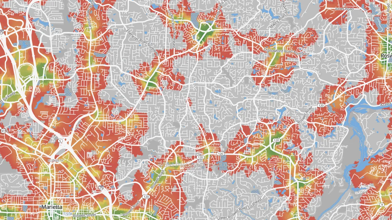 Walk Grade map of 30062, GA, walkable areas in green and car-dependent areas in red