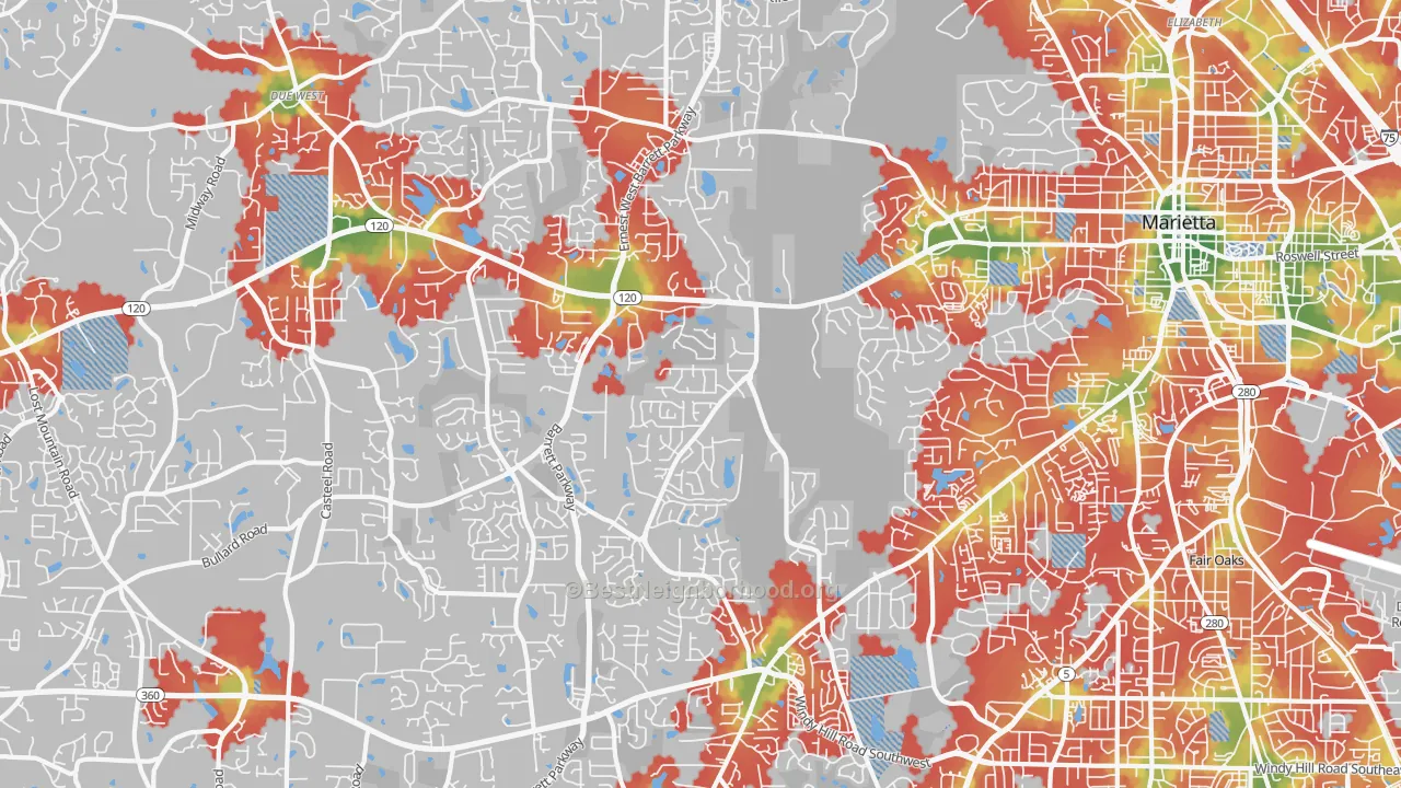 Walk Grade map of 30064, GA, walkable areas in green and car-dependent areas in red