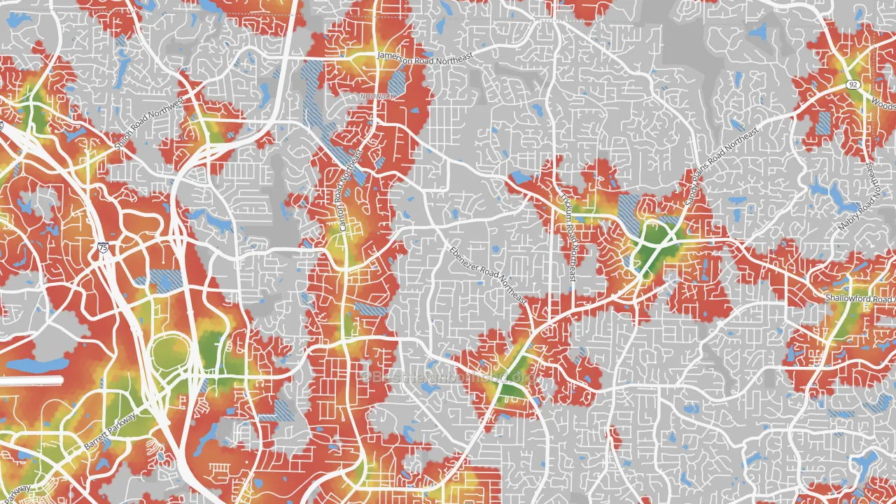 Walk Grade map of 30066, GA, walkable areas in green and car-dependent areas in red