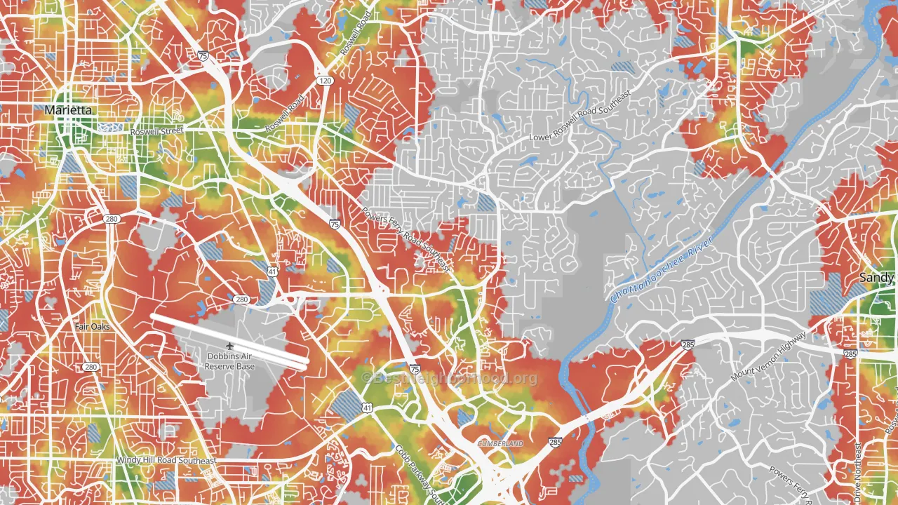 Walk Grade map of 30067, GA, walkable areas in green and car-dependent areas in red