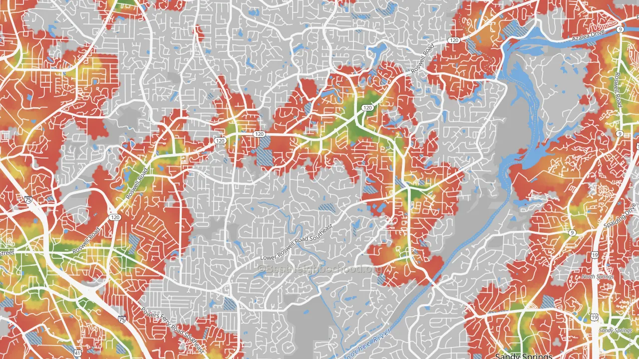 Walk Grade map of 30068, GA, walkable areas in green and car-dependent areas in red