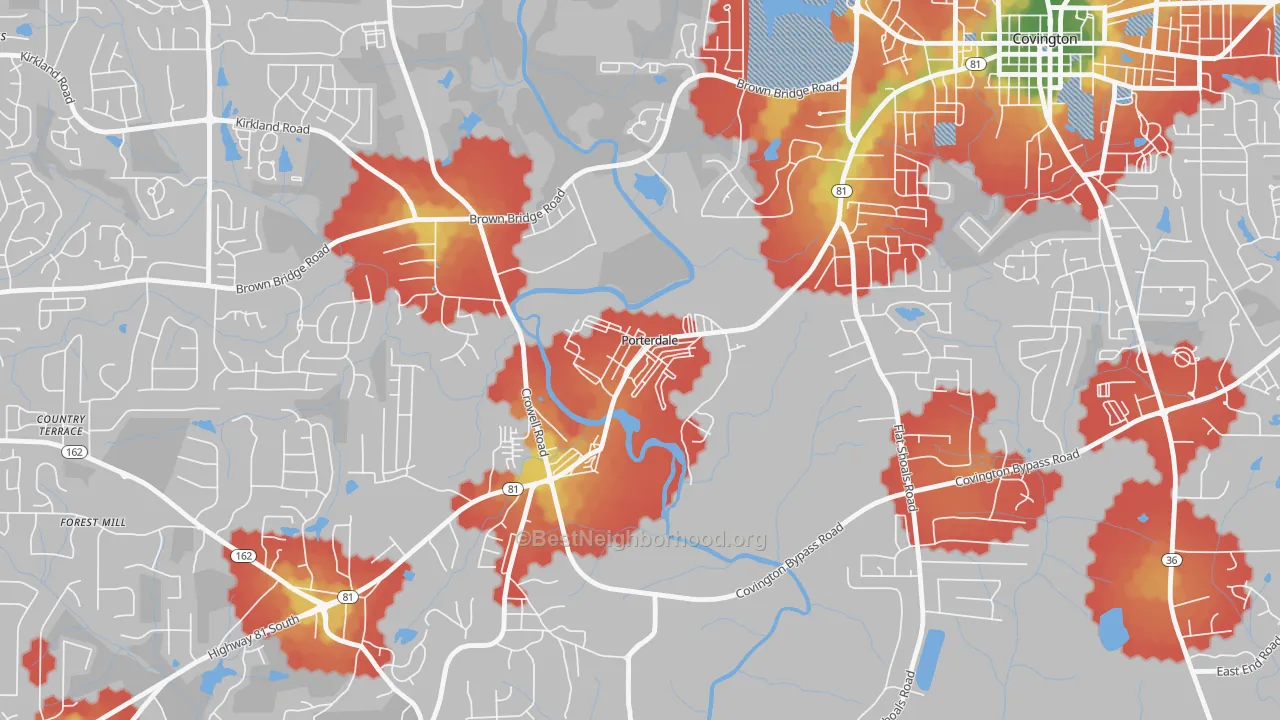 Walk Grade map of 30070, GA, walkable areas in green and car-dependent areas in red