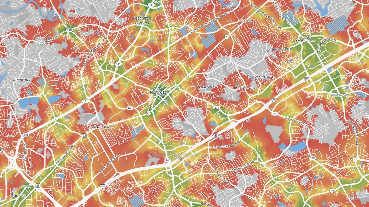 Walk Grade map of 30071, GA, walkable areas in green and car-dependent areas in red