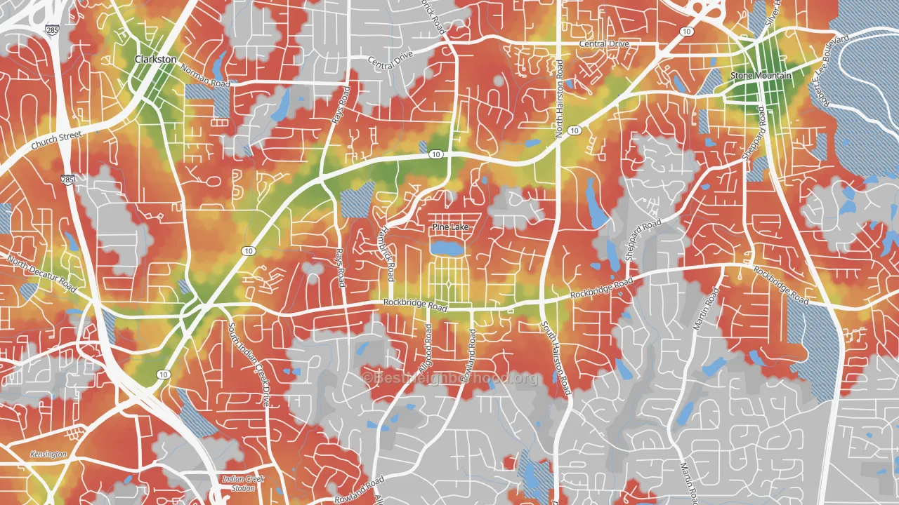Walk Grade map of 30072, GA, walkable areas in green and car-dependent areas in red