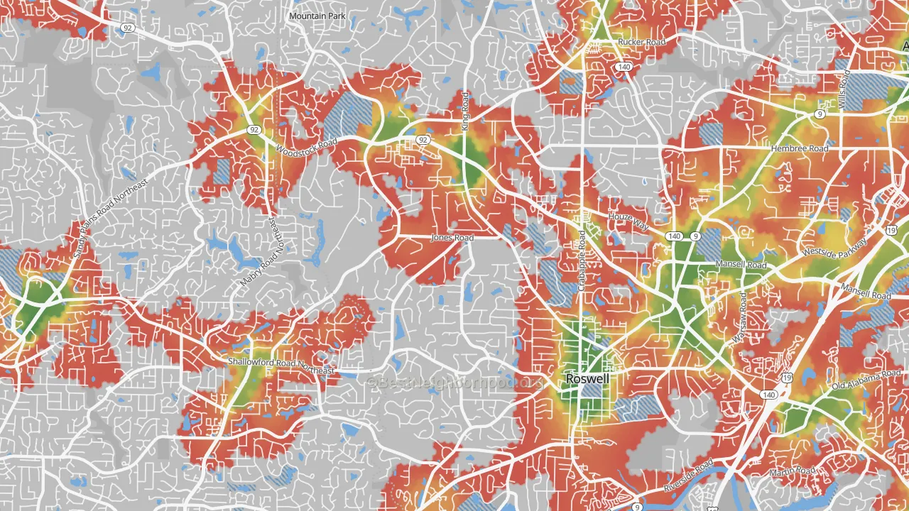 Walk Grade map of 30075, GA, walkable areas in green and car-dependent areas in red