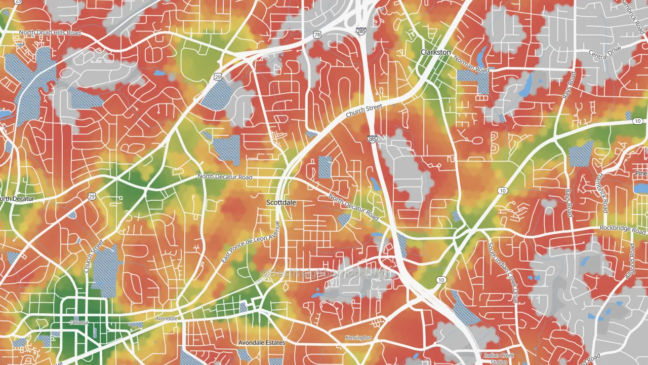 Walk Grade map of 30079, GA, walkable areas in green and car-dependent areas in red