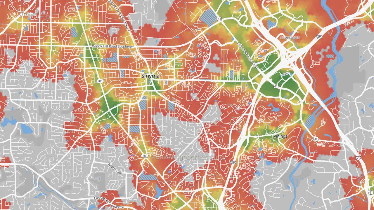 Walk Grade map of 30080, GA, walkable areas in green and car-dependent areas in red