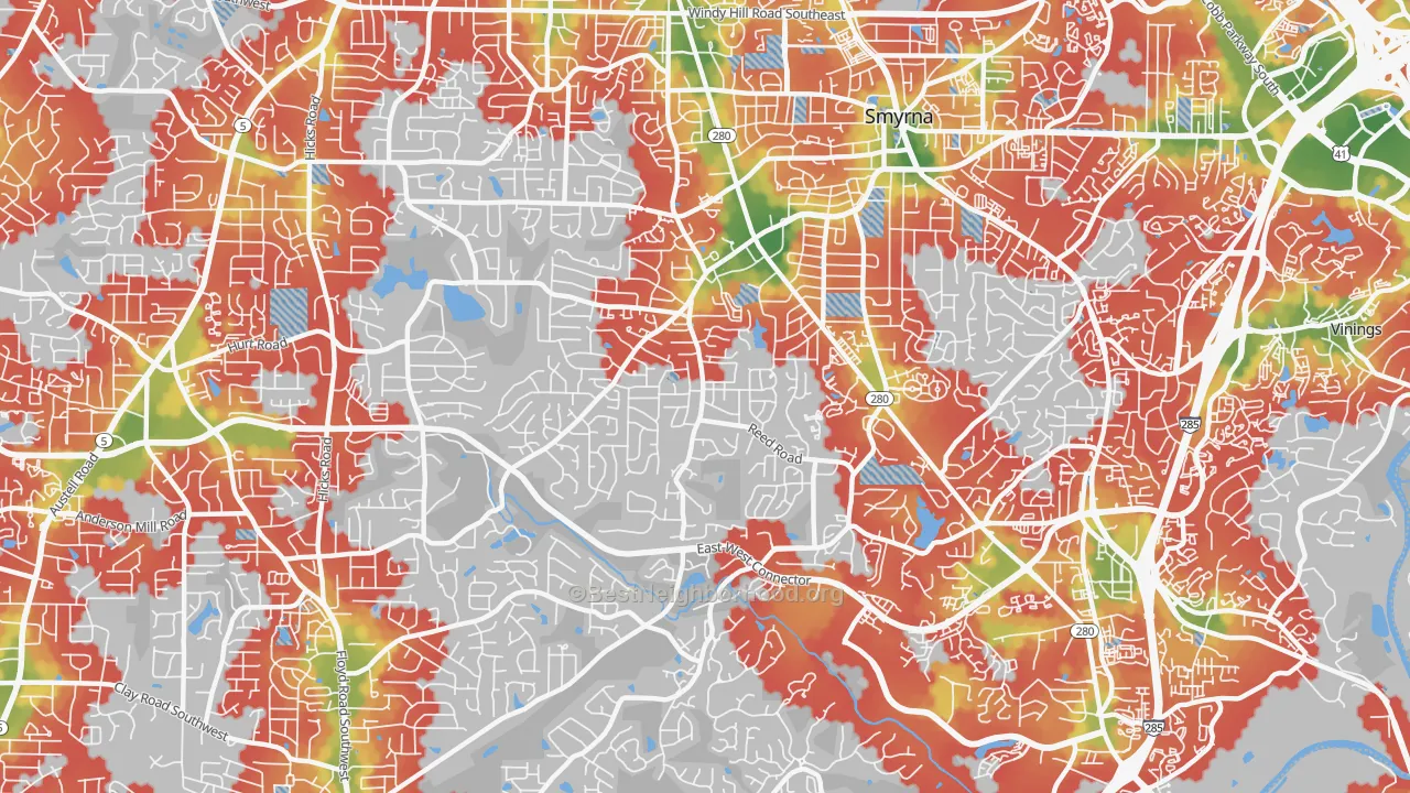 Walk Grade map of 30082, GA, walkable areas in green and car-dependent areas in red
