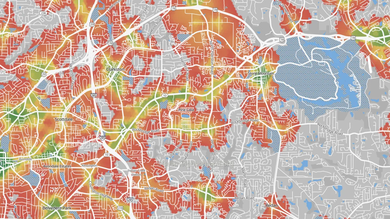 Walk Grade map of 30083, GA, walkable areas in green and car-dependent areas in red