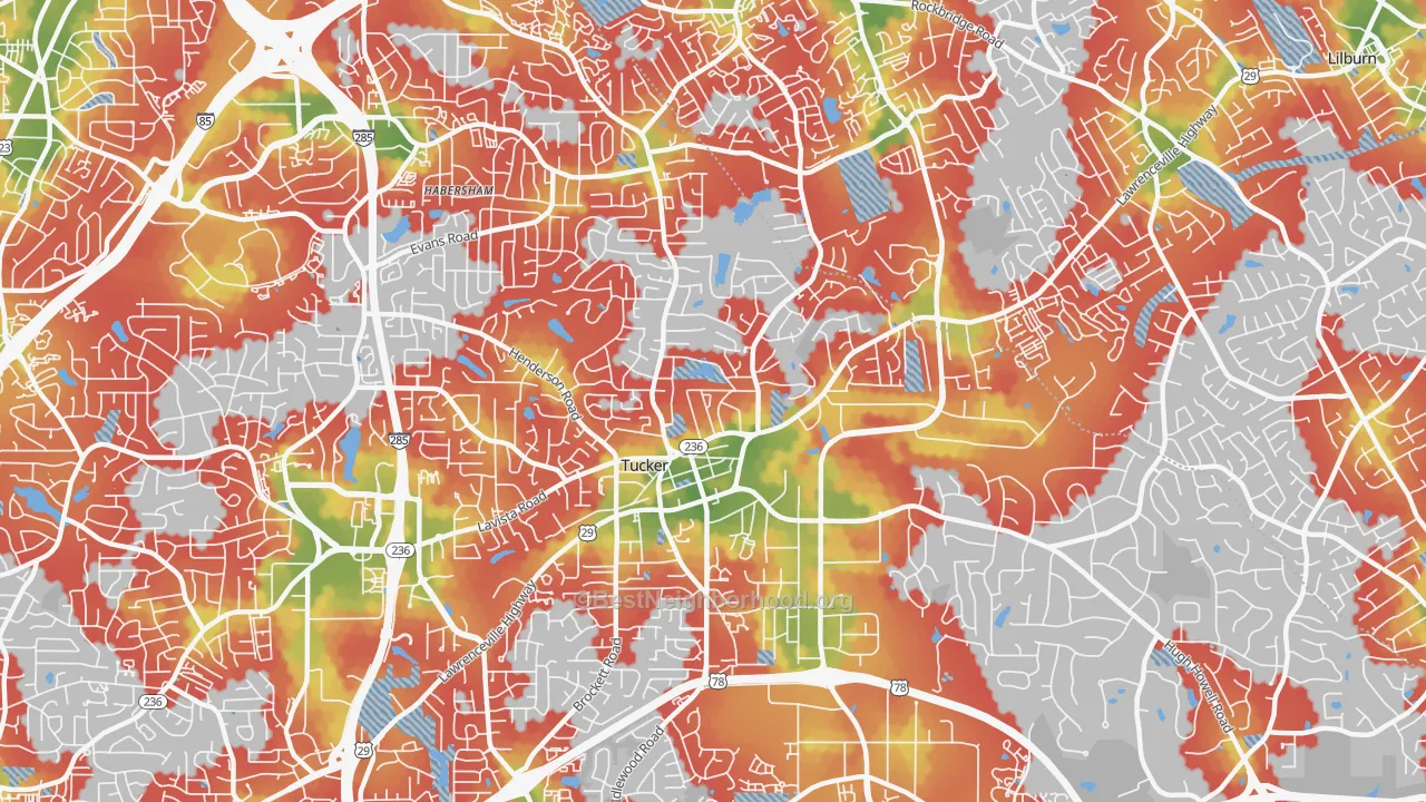 Walk Grade map of 30084, GA, walkable areas in green and car-dependent areas in red