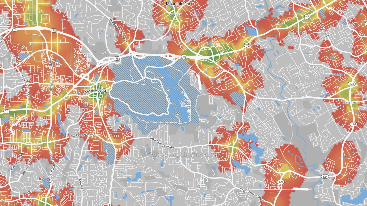 Walk Grade map of 30087, GA, walkable areas in green and car-dependent areas in red