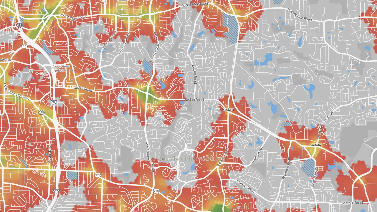 Walk Grade map of 30088, GA, walkable areas in green and car-dependent areas in red