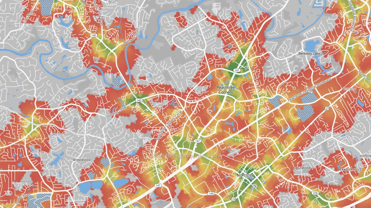 Walk Grade map of 30092, GA, walkable areas in green and car-dependent areas in red