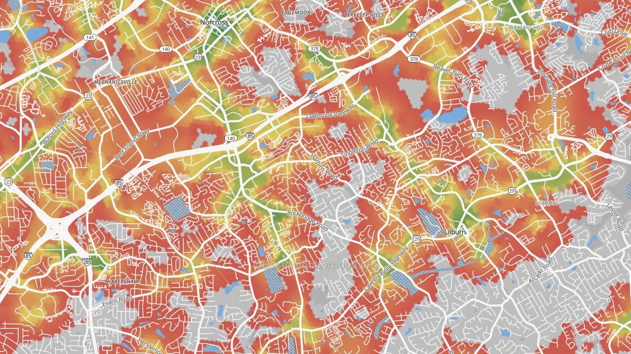 Walk Grade map of 30093, GA, walkable areas in green and car-dependent areas in red